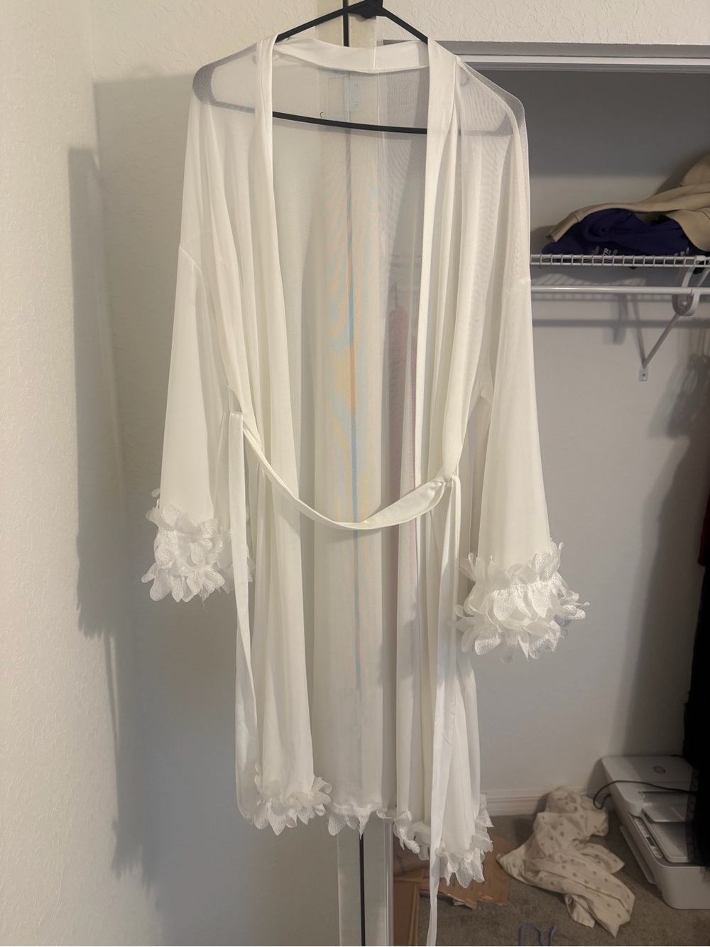 Elegant Sheer White Floral-Trim Robe with Self-Tie Belt
